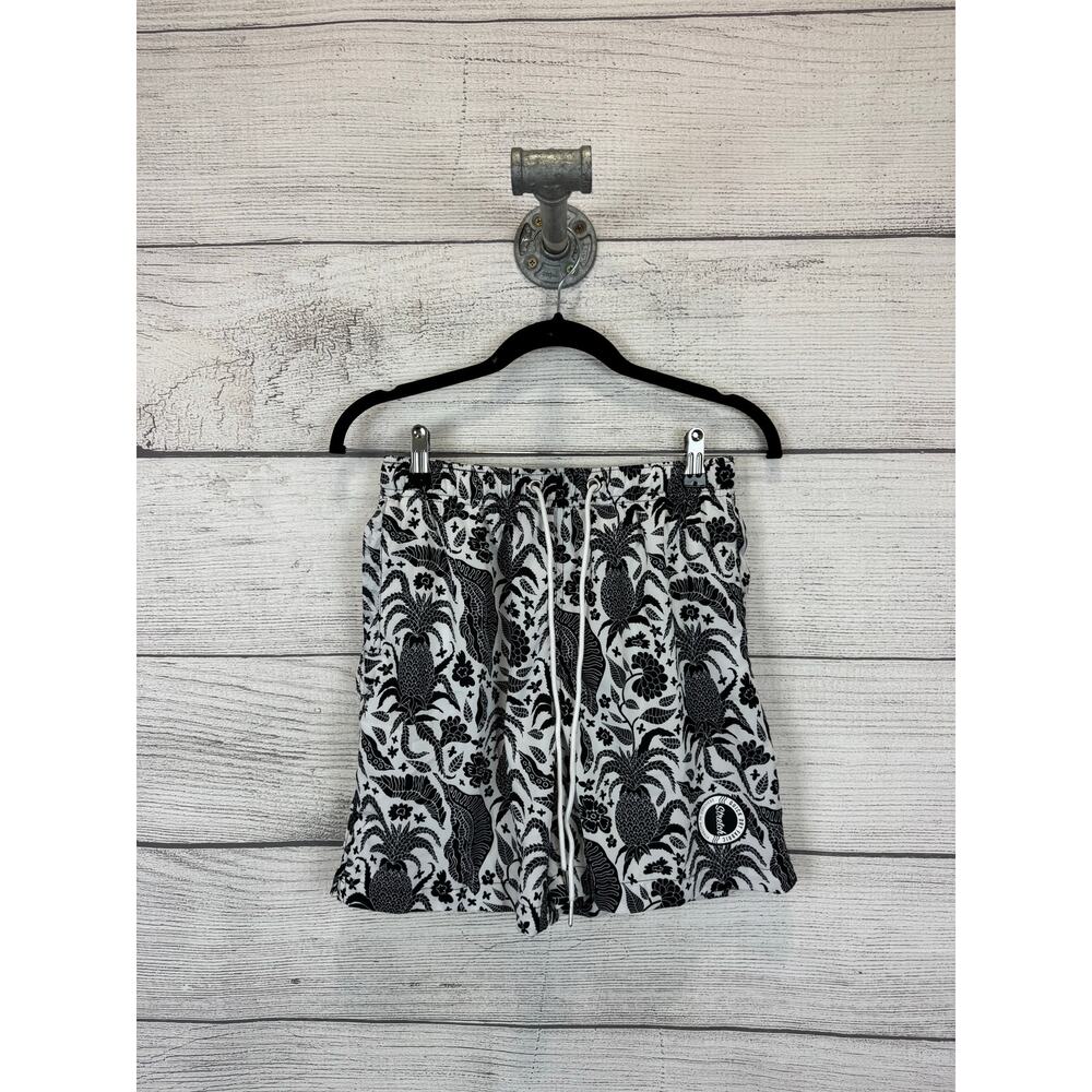 Cove Men's Black & White Tropical Printed Drawstring Swim Trunks Size Small